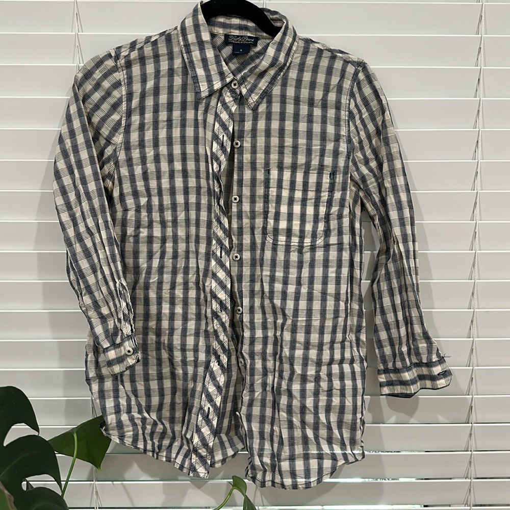 LUCKY BRAND ✨ 3/4 Sleeve Plaid Button Down Up Business Blue White Womans Small